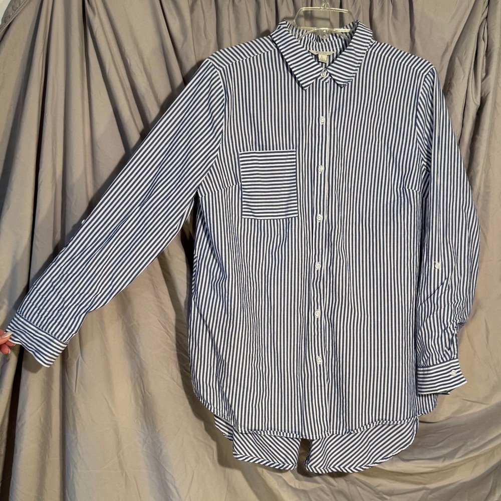 Est. 1946 Blue and white striped blouse, size L.